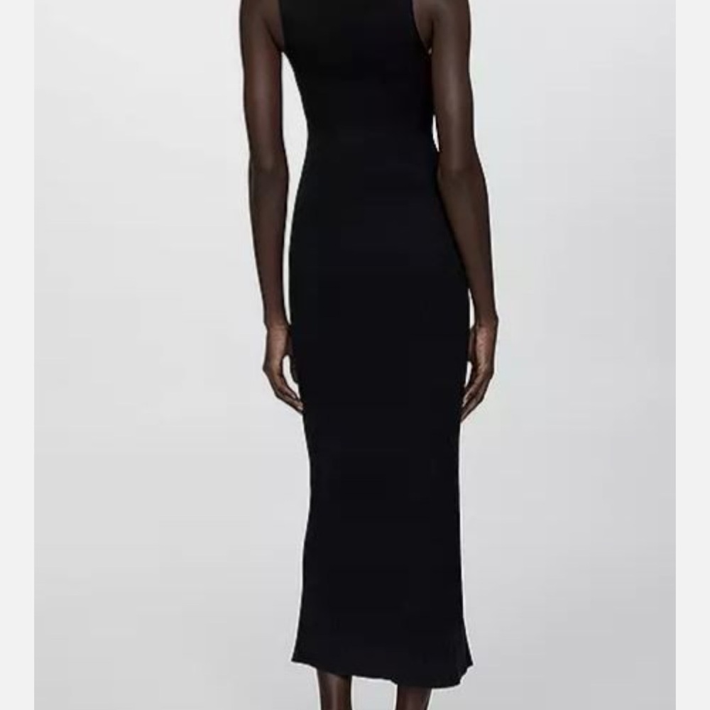 Mango Black V-Neck Ribbed Midi Dress - Picture 2 of 3